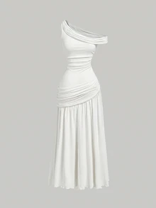 Skyraze Vestido largo elegante de mujer con cuello asimétrico y plisado en unicolor - Blanco - Ver 2