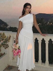Skyraze Vestido largo elegante de mujer con cuello asimétrico y plisado en unicolor - Blanco - Ver 5