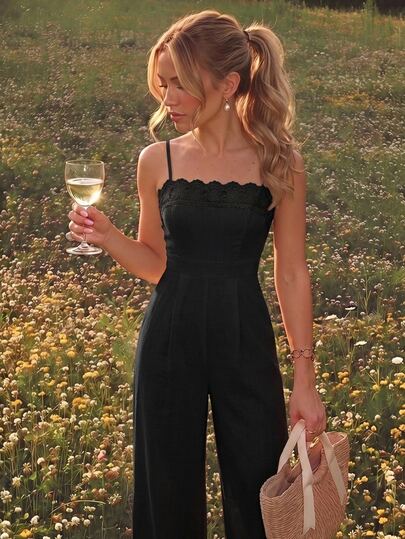 SHEIN MOD Jumpsuit nữ phối ren dây mảnh, phong cách tối giản gợi cảm đi làm, viền cổ, cổ vuông quần dài, thanh lịch, màu đen, du lịch mùa hè