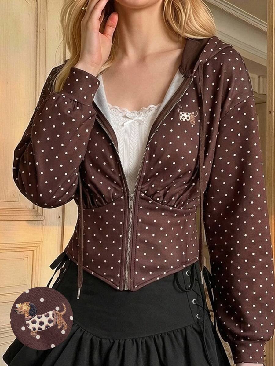 SHEIN MOD Women Polka Dot Hooded Long Sleeve Short Brown And White Sweet Vintage Cute Casual Sweatshirt Going Out Everyday School Graduation Autumn Fall - Coffee Brown - View 1