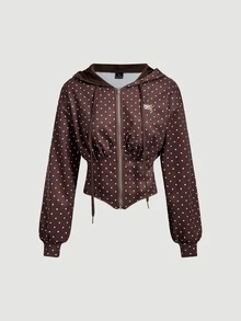 SHEIN MOD Women Polka Dot Hooded Long Sleeve Short Brown And White Sweet Vintage Cute Casual Sweatshirt Going Out Everyday School Graduation Autumn Fall - Coffee Brown - View 2