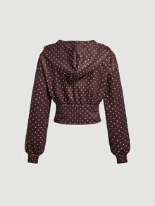 SHEIN MOD Women Polka Dot Hooded Long Sleeve Short Brown And White Sweet Vintage Cute Casual Sweatshirt Going Out Everyday School Graduation Autumn Fall - Coffee Brown - View 5