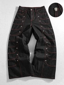 ROMWE MEN Street Life Men's Multi-Fake Pocket Design Jeans - Blue - View 1