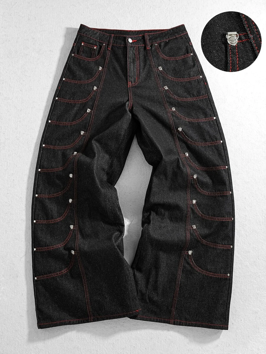 ROMWE MEN Street Life Men's Multi-Fake Pocket Design Jeans - Blue - View 1