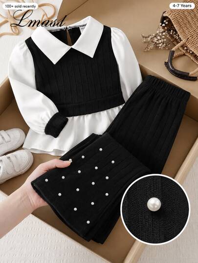 Genkimix Kids Conjunto de 2 piezas para niña pequeña con chaleco de punto en capas, top, pantalones acampanados con perlas y conjunto acanalado estilo preppy para otoño, primer cumpleaños y 7º cumpleaños, blanco