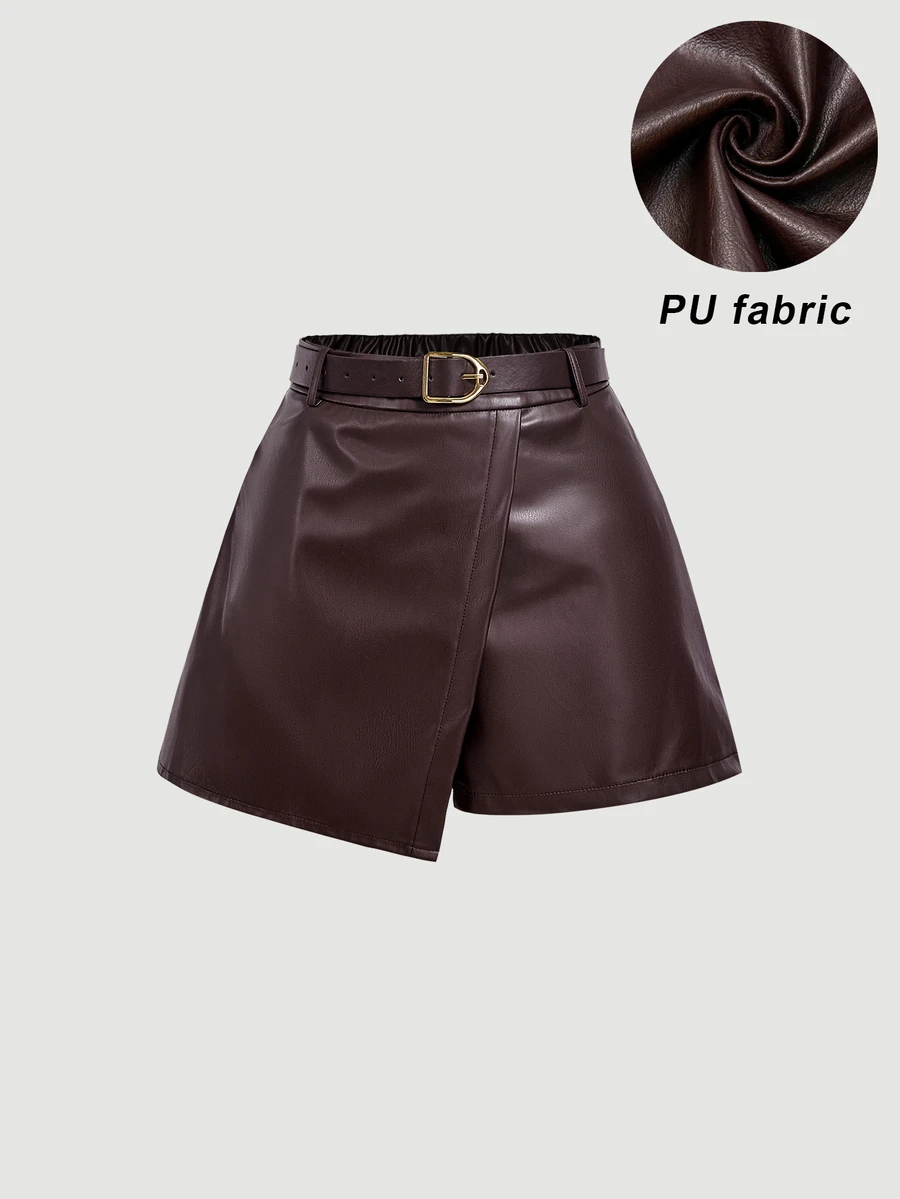 SHEIN MOD Damen einfarbige PU-Leder Mode vielseitige tägliche Lässig Shorts - Braun - Übersicht 1