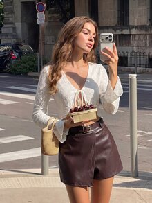 SHEIN MOD Damen einfarbige PU-Leder Mode vielseitige tägliche Lässig Shorts - Braun - Übersicht 4