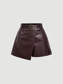 SHEIN MOD Damen einfarbige PU-Leder Mode vielseitige tägliche Lässig Shorts - Braun - Übersicht 2