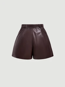 SHEIN MOD Damen einfarbige PU-Leder Mode vielseitige tägliche Lässig Shorts - Braun - Übersicht 7