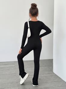 SHEIN One-Piece Set Of Black Elastic Ribbed Fabric Slim-Fit Round Neck Long-Sleeved Jumpsuit For Girls, Suitable For Everyday Yoga Wear., Fall, Fall Clothes - Black - View 2