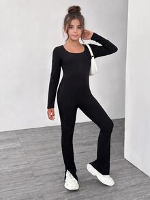SHEIN One-Piece Set Of Black Elastic Ribbed Fabric Slim-Fit Round Neck Long-Sleeved Jumpsuit For Girls, Suitable For Everyday Yoga Wear., Fall, Fall Clothes - Black - View 3