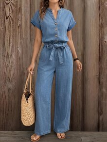 EMERY ROSE EMERY ROSE Women's Light Blue Denim Jumpsuit, New Style Elegant Casual Design, Niche French Style, V Neck Half Placket Button Front, Cuffed Short Sleeve Work - Blue - View 5