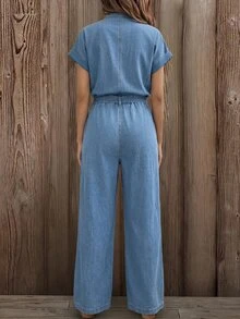 EMERY ROSE EMERY ROSE Women's Light Blue Denim Jumpsuit, New Style Elegant Casual Design, Niche French Style, V Neck Half Placket Button Front, Cuffed Short Sleeve Work - Blue - View 4