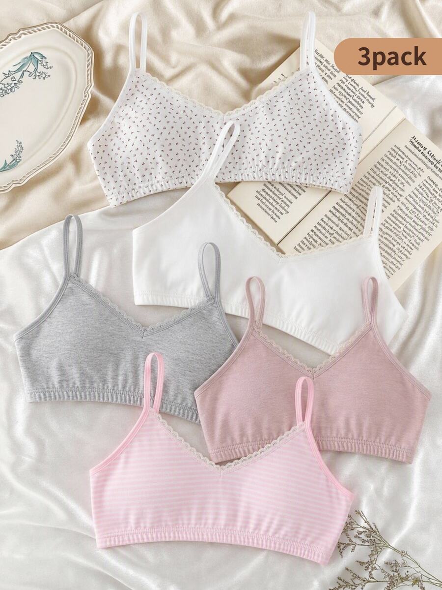 Set 3 áo hai dây tank top cơ bản cho bé gái tween, họa tiết hoa sọc nhiều màu hồng trắng xanh vàng nhạt, phong cách ngọt ngào đơn giản - Nhiều màu - Xem 1