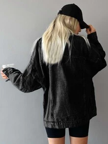 SHEIN 青少年女孩黑色牛仔寬鬆版型長袖夾克，翻領設計，可搭配白色襯衫 - 黑色 - 查看 6