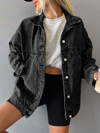 SHEIN Tween Girl Girls' Black Denim Loose Fit Long Sleeve Jacket With Turn-Down Collar Pair With A White Shirt