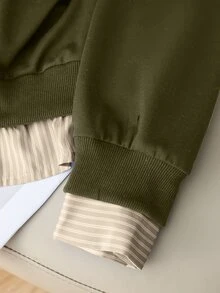 INAWLY 女士条纹拼接衬衫领长袖休闲卫衣 - 軍綠色 - 查看 5