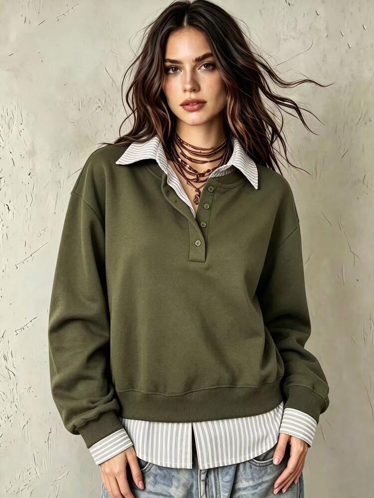 INAWLY Women's Striped Patchwork Shirt Collar Long Sleeve Casual Sweatshirt - Army Green - View 7