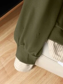 INAWLY 女士条纹拼接衬衫领长袖休闲卫衣 - 軍綠色 - 查看 6