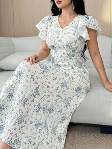Modelyn 优雅浪漫荷叶边袖系腰连衣裙 女士夏季连衣裙 女士中长连衣裙 百褶碎花连衣裙 女士春季连衣裙 女士休闲连衣裙 女士夏季连衣裙 - 彩色 - 查看 9