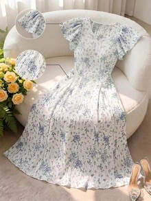 Modelyn 优雅浪漫荷叶边袖系腰连衣裙 女士夏季连衣裙 女士中长连衣裙 百褶碎花连衣裙 女士春季连衣裙 女士休闲连衣裙 女士夏季连衣裙 - 彩色 - 查看 5