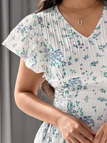 Modelyn 优雅浪漫荷叶边袖系腰连衣裙 女士夏季连衣裙 女士中长连衣裙 百褶碎花连衣裙 女士春季连衣裙 女士休闲连衣裙 女士夏季连衣裙 - 彩色 - 查看 3