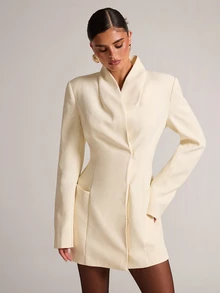 SHEIN BAE BAE Cream White Collarless Blazer Long Sleeve Open Front Minimalist Elegant Casual Modest Suit Jacket For Work Dinner Formal Office Fall - Apricot - View 5