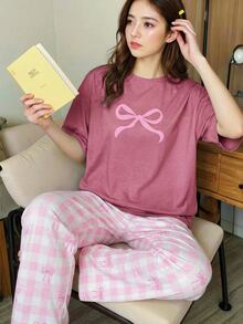 SHEIN 兒童青少年女孩睡衣 白色 夏季可愛 親子款 休閒寬鬆 格紋蝴蝶結圓領短袖上衣與長褲套裝 - 粉色 - 查看 6