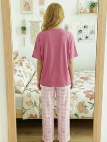 SHEIN 兒童青少年女孩睡衣 白色 夏季可愛 親子款 休閒寬鬆 格紋蝴蝶結圓領短袖上衣與長褲套裝 - 粉色 - 查看 2