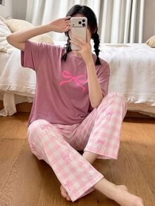SHEIN 兒童青少年女孩睡衣 白色 夏季可愛 親子款 休閒寬鬆 格紋蝴蝶結圓領短袖上衣與長褲套裝 - 粉色 - 查看 1