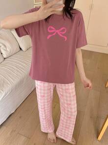 SHEIN 兒童青少年女孩睡衣 白色 夏季可愛 親子款 休閒寬鬆 格紋蝴蝶結圓領短袖上衣與長褲套裝 - 粉色 - 查看 4
