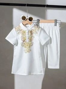 SHEIN 2件/套 嬰兒男童白色優雅夏季阿拉伯長袍 & 褲子套裝 伊斯蘭服飾 卡夫坦 沙烏地阿拉伯長袍 庫爾塔 適用於生日、開齋節 3-24個月 - 白色 - 查看 4