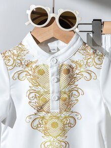 SHEIN 2件/套 嬰兒男童白色優雅夏季阿拉伯長袍 & 褲子套裝 伊斯蘭服飾 卡夫坦 沙烏地阿拉伯長袍 庫爾塔 適用於生日、開齋節 3-24個月 - 白色 - 查看 6