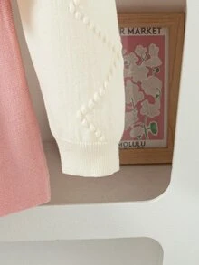 SHEIN 8-13歲少女奶油色鑽飾絎縫蝴蝶結短款圓領針織毛衣與粉色直條紋A字迷你裙2件套，溫柔春/秋針織套裝，適合上學、生日、拍照、外出 - 粉色 - 查看 5