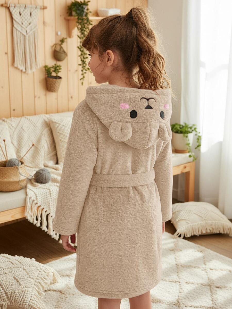 LMoss Kids 少女款針織刺繡毛絨休閒連帽秋季開襟衫居家服 - 杏色 - 查看 1