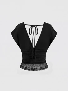 Rovax Women's Street Lace Patchwork Pleated Fitted Top For Dating - Black - View 4