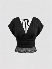 Rovax Women's Street Lace Patchwork Pleated Fitted Top For Dating - Black - View 3