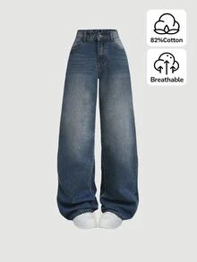 SHEIN Teen Girl Y2K Loose Fit Casual Denim Pants With Pockets And Wide Legs,Summer Break Denim Jeans. - Dark Wash - View 1