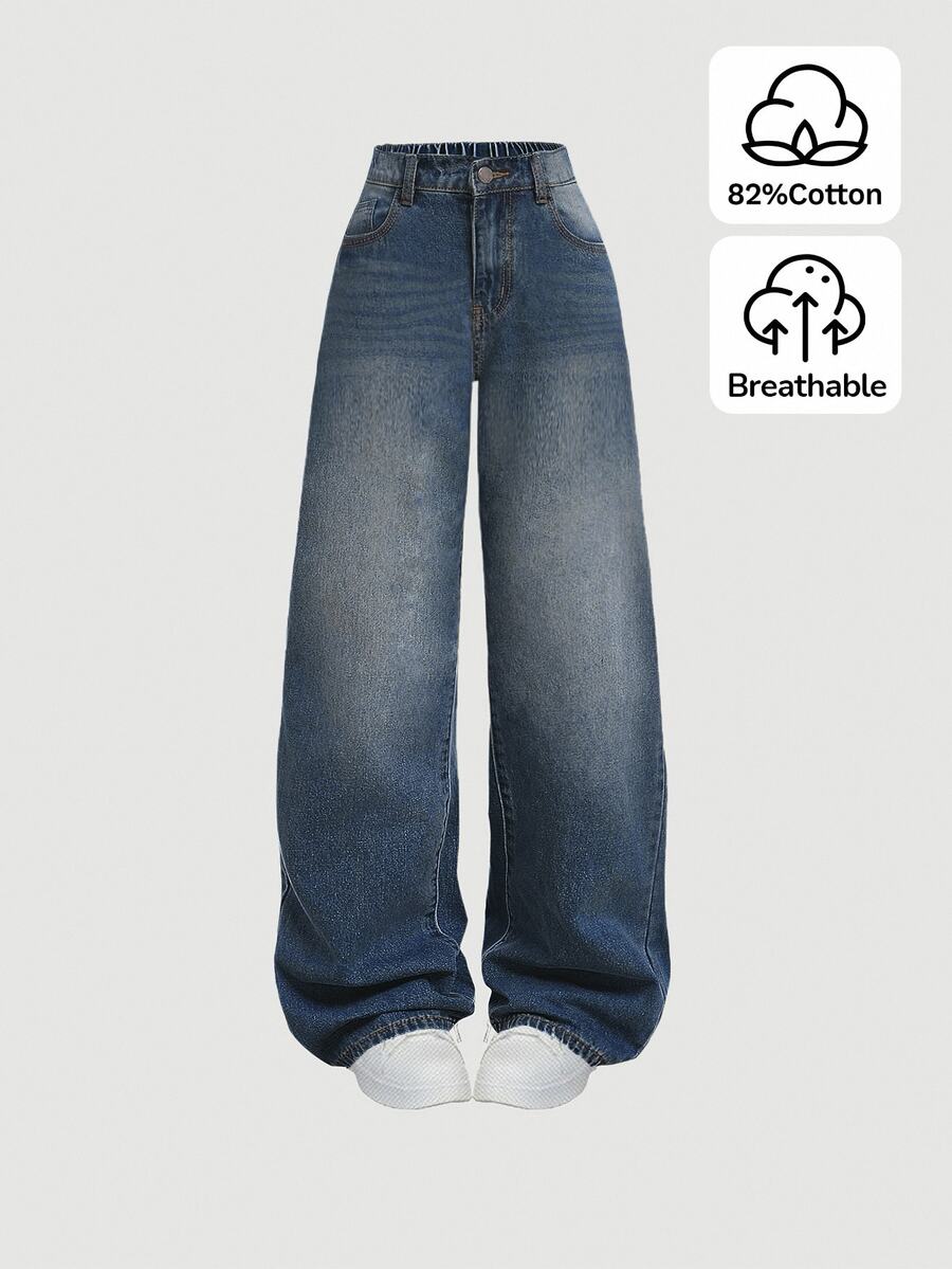 SHEIN Teen Girl Y2K Loose Fit Casual Denim Pants With Pockets And Wide Legs,Summer Break Denim Jeans. - Dark Wash - View 1