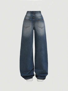 SHEIN Teen Girl Y2K Loose Fit Casual Denim Pants With Pockets And Wide Legs,Summer Break Denim Jeans. - Dark Wash - View 2