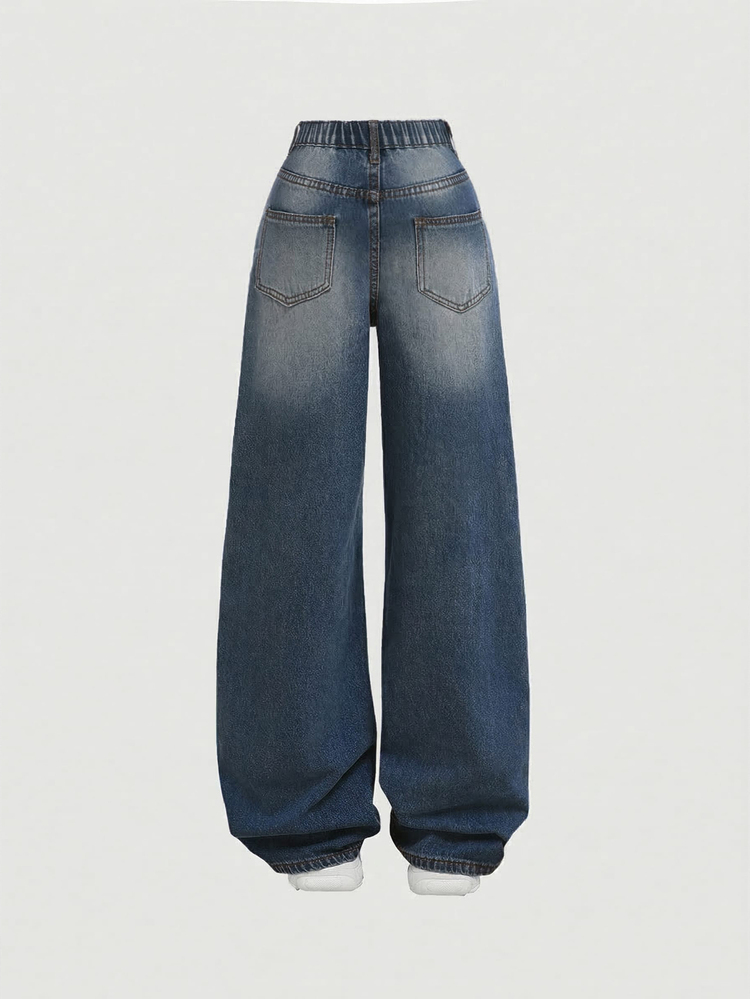 SHEIN Teen Girl Y2K Loose Fit Casual Denim Pants With Pockets And Wide Legs,Summer Break Denim Jeans. - Dark Wash - View 2