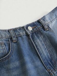 SHEIN Teen Girl Y2K Loose Fit Casual Denim Pants With Pockets And Wide Legs,Summer Break Denim Jeans. - Dark Wash - View 3