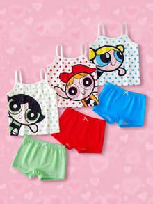 THE POWERPUFF GIRLS X SHEIN 6pcs/Set 4-7Y Super Cute Q-Version Print Camisole Underwear Set, Polka Dot Contrast Color + Bow Soft Girl 2 Pieces Set - White - View 1