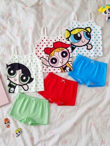THE POWERPUFF GIRLS X SHEIN 6pcs/Set 4-7Y Super Cute Q-Version Print Camisole Underwear Set, Polka Dot Contrast Color + Bow Soft Girl 2 Pieces Set - White - View 3