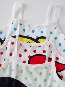 THE POWERPUFF GIRLS X SHEIN 6pcs/Set 4-7Y Super Cute Q-Version Print Camisole Underwear Set, Polka Dot Contrast Color + Bow Soft Girl 2 Pieces Set - White - View 4