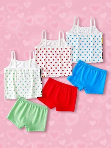 THE POWERPUFF GIRLS X SHEIN 6pcs/Set 4-7Y Super Cute Q-Version Print Camisole Underwear Set, Polka Dot Contrast Color + Bow Soft Girl 2 Pieces Set - White - View 2