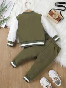 SHEIN 2pcs Baby Boy Casual Daily Versatile Sports Simplistic Letter Print Jacket And Pants Set, Suitable For Outdoor Wear - Dark Green - View 7