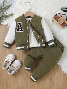 SHEIN 2pcs Baby Boy Casual Daily Versatile Sports Simplistic Letter Print Jacket And Pants Set, Suitable For Outdoor Wear - Dark Green - View 6