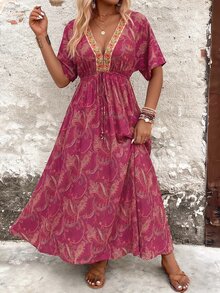 Breezaya Plus Size Women's Fashion Casual Boho Flattering Vintage Ditsy Floral V-Neck Cinched Waist Long Dress Vacation Pastel Summer - Multicolor - View 5