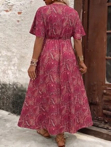 Breezaya Plus Size Women's Fashion Casual Boho Flattering Vintage Ditsy Floral V-Neck Cinched Waist Long Dress Vacation Pastel Summer - Multicolor - View 2